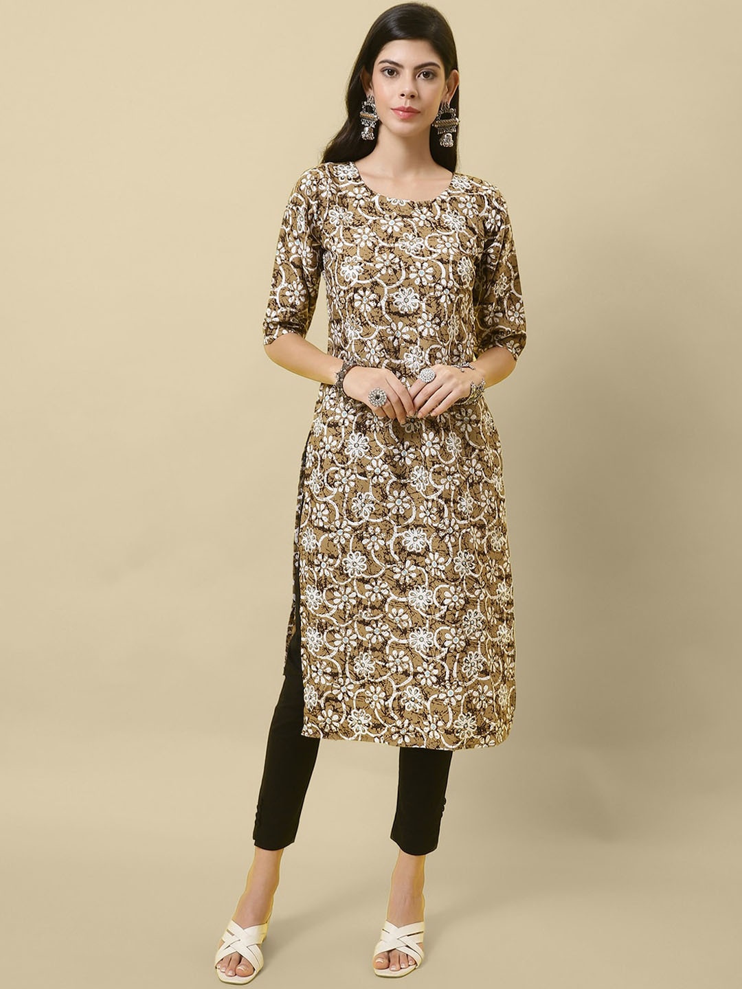 

7Threads Abstract Printed Round Neck Thread Work Crepe Straight Kurta, Brown