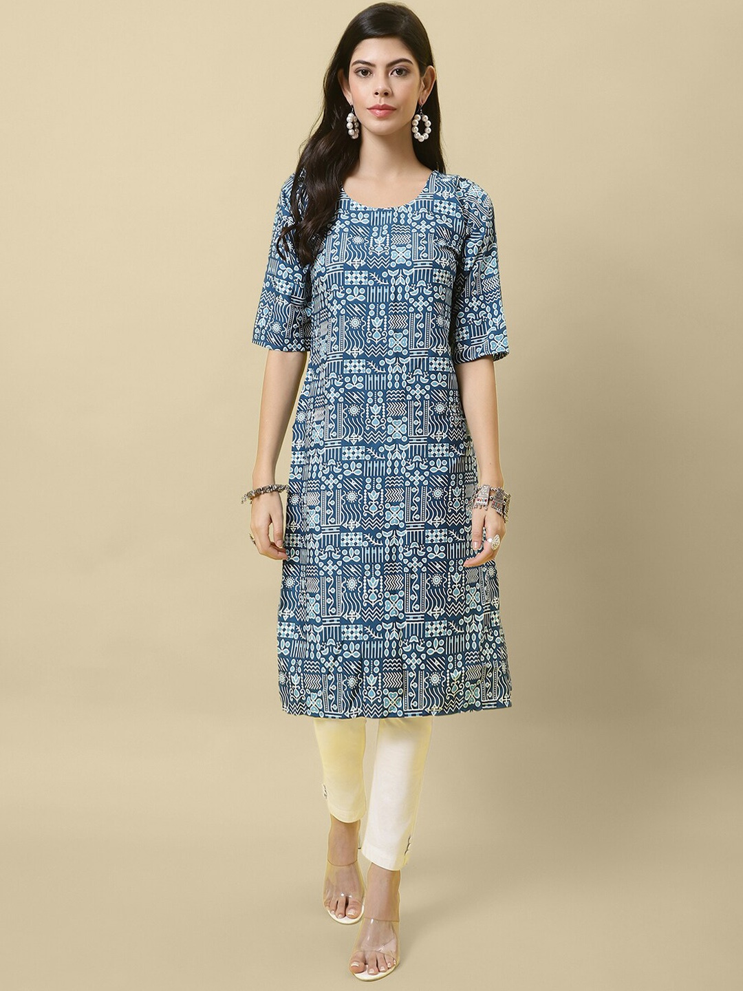 

7Threads Geometric Printed Straight Kurta, Blue