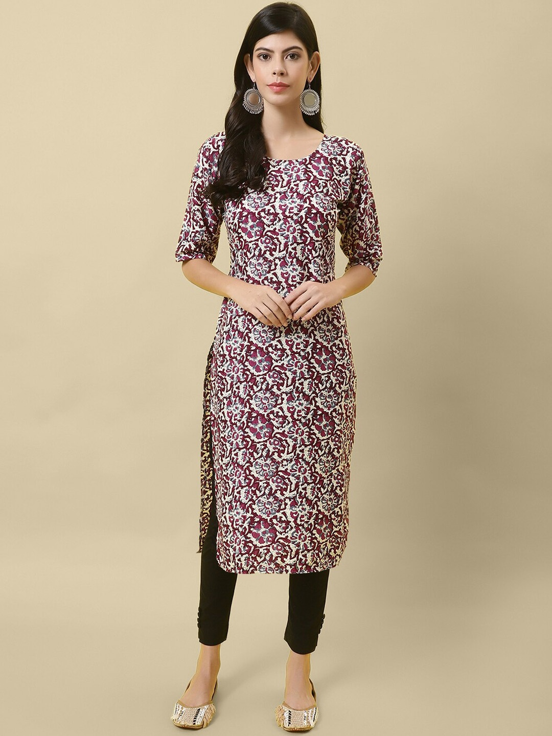 

7Threads Floral Printed Round Neck Crepe Straight Kurta, Maroon