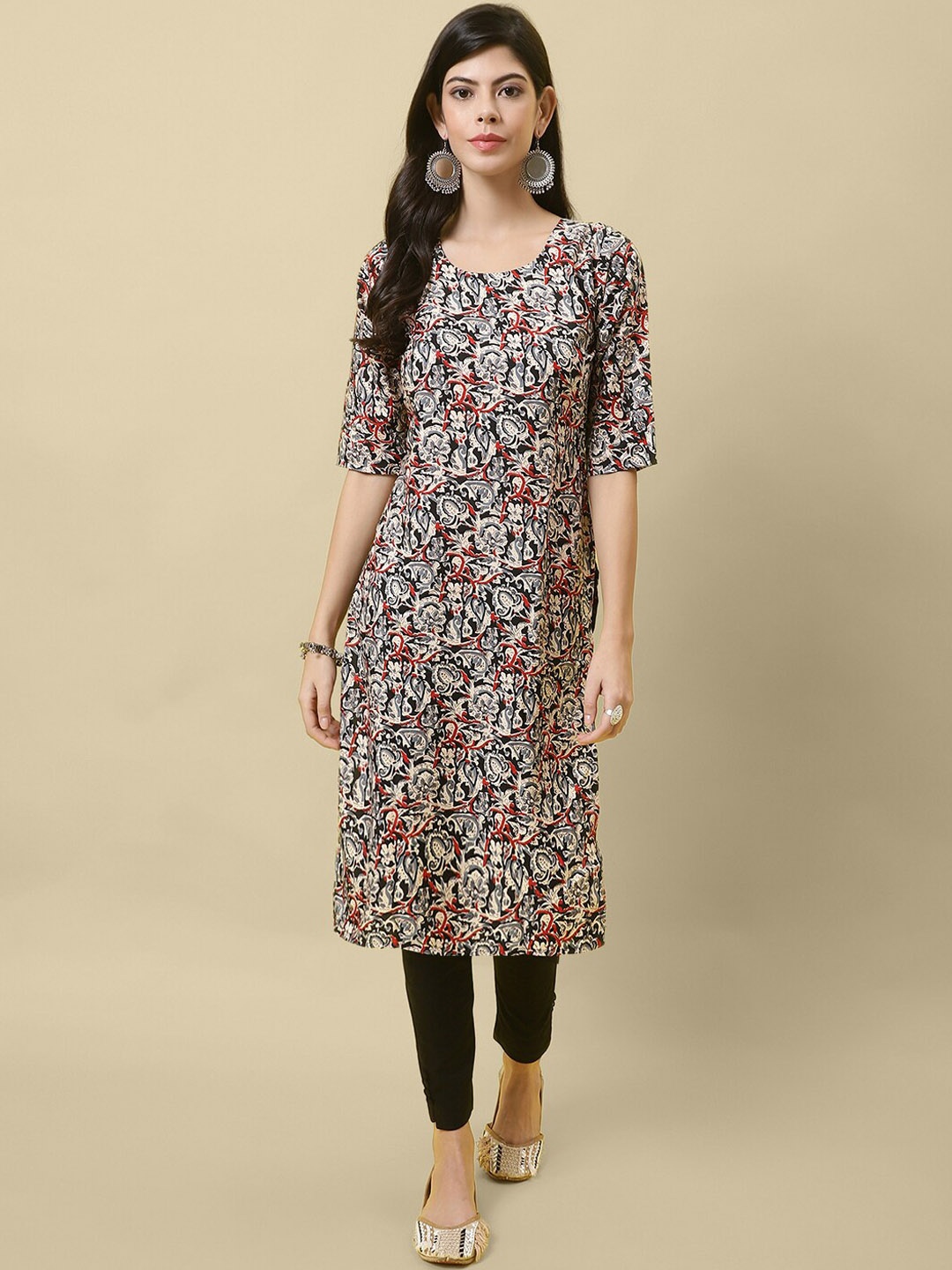 

7Threads Floral Printed Round Neck Crepe Straight Kurta, Black