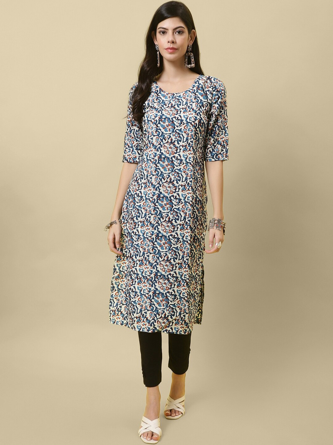 

7Threads Floral Printed Crepe Kurta, Blue