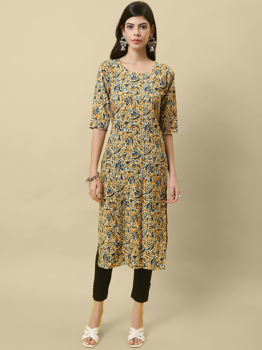 

7Threads Abstract Printed Straight Kurta, Mustard