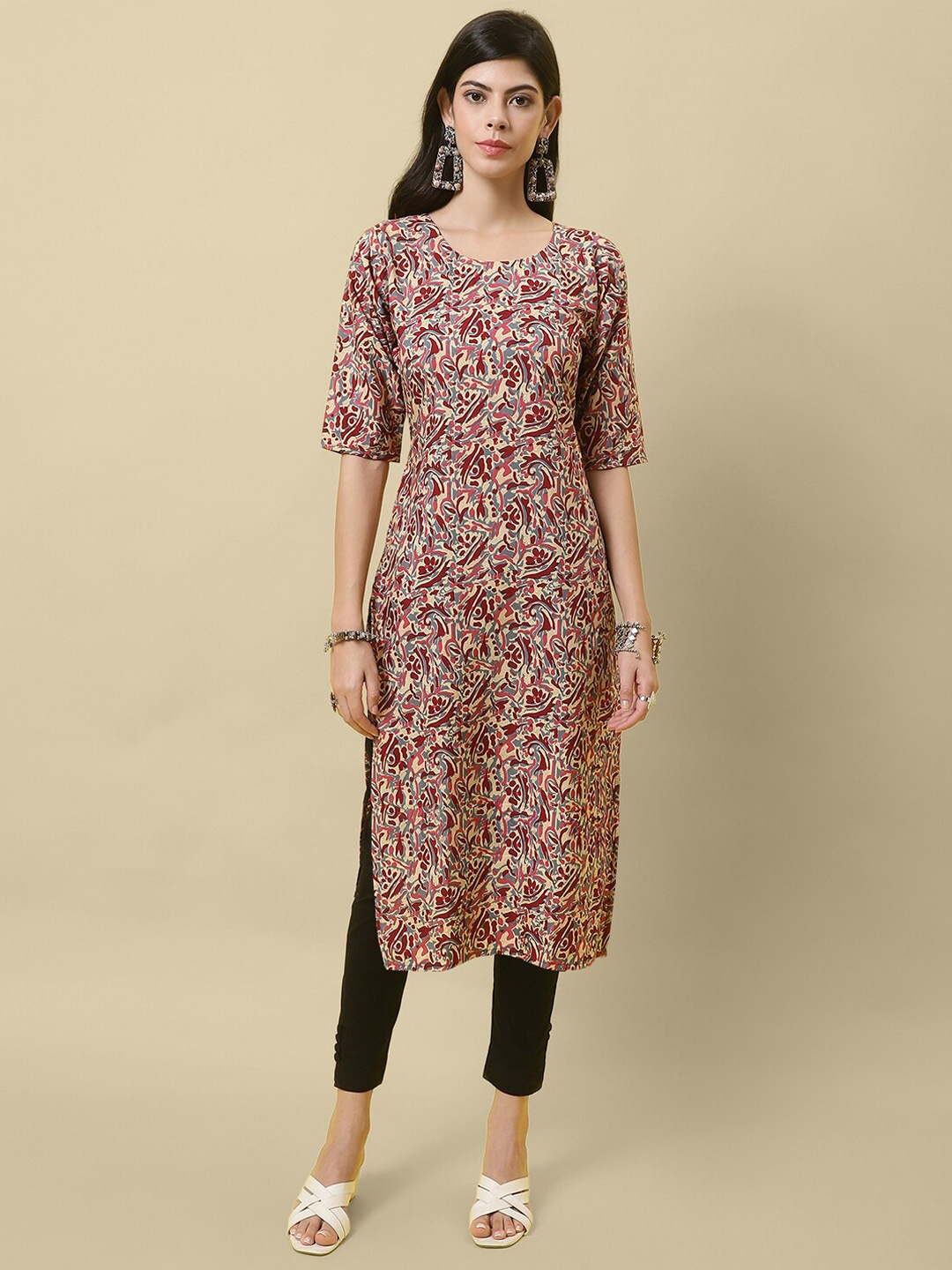 

7Threads Abstract Printed Straight Kurta, Beige