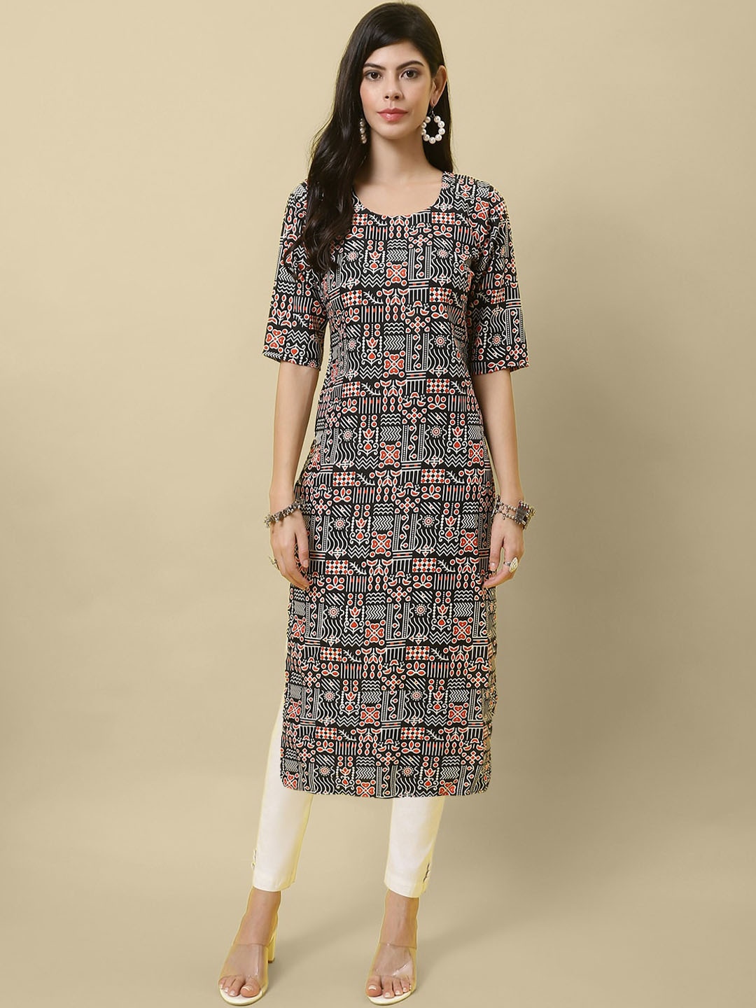 

7Threads Ethnic Motifs Printed Round Neck Straight Kurta, Black
