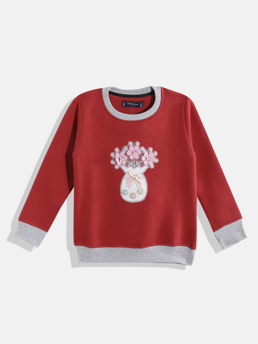 

White Snow Girls Floral Embroidered Sweatshirt with Embellished Detail, Red