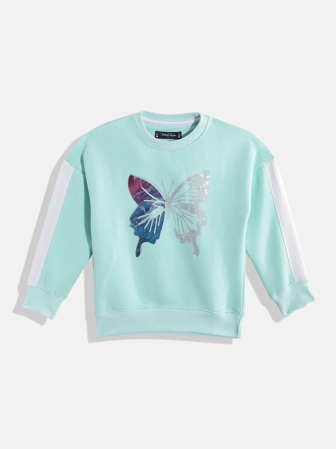 

White Snow Girls Graphic Printed Sweatshirt with Embellished Detail, Turquoise blue
