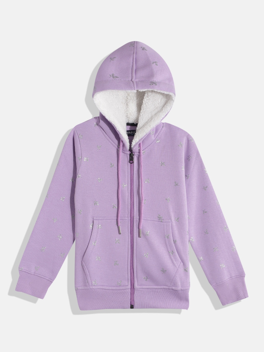 

White Snow Girls Conversational Printed Hooded Front-Open Sweatshirt, Lavender