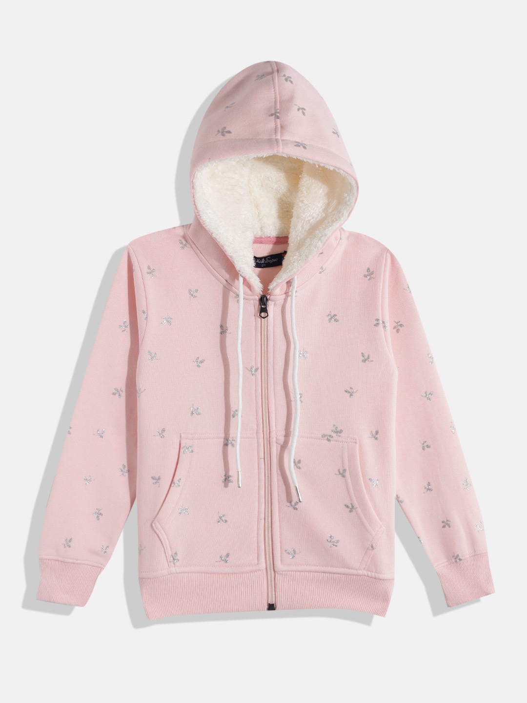 

White Snow Girls Conversational Printed Hooded Front-Open Sweatshirt, Pink