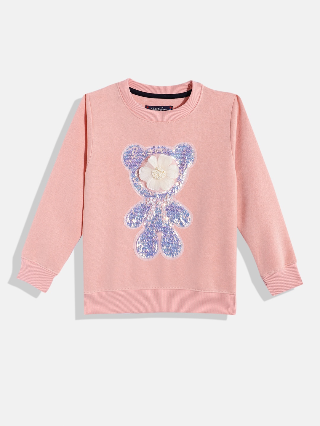 

White Snow Girls Sequined Embellished Sweatshirt, Peach