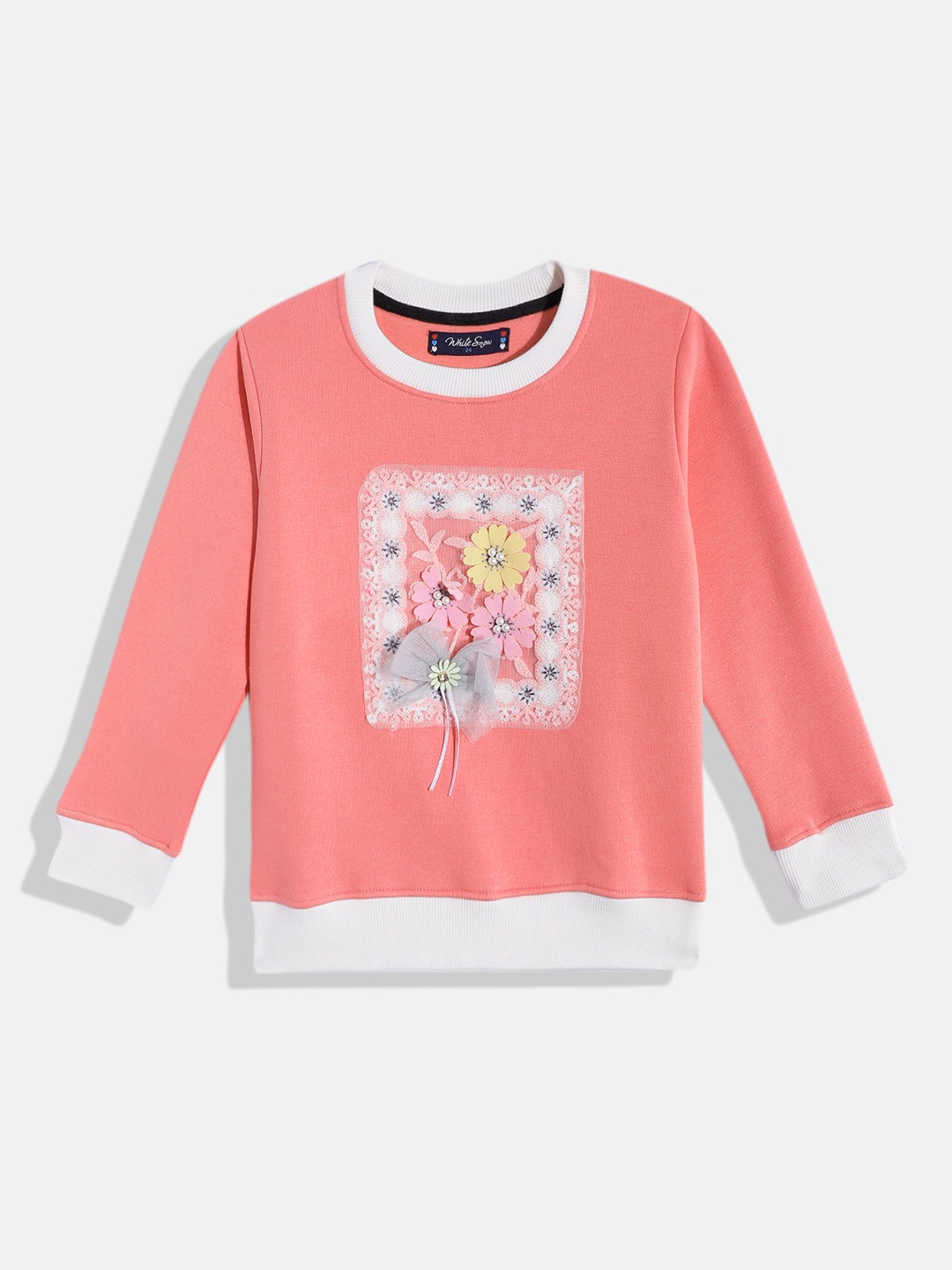 

White Snow Girls Self Design Sweatshirt, Peach