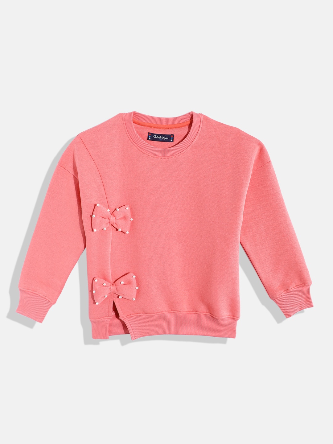 

White Snow Girls Bow Detail Sweatshirt, Peach