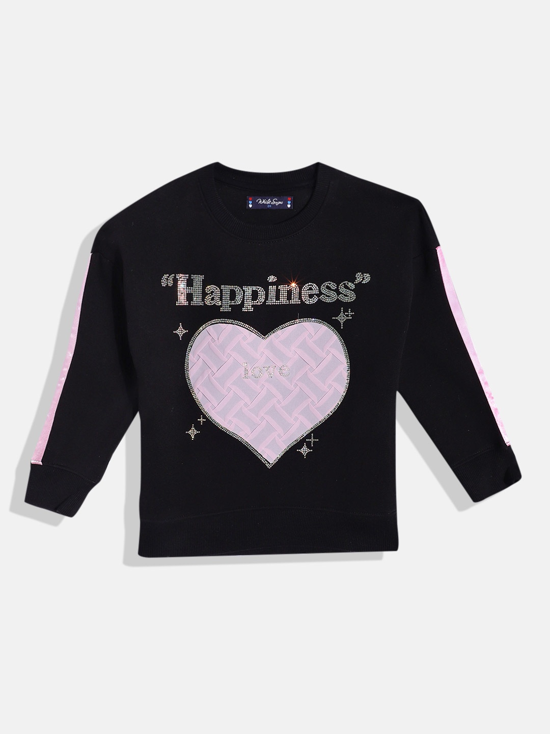 

White Snow Girls Self-Design Embellished Sweatshirt, Black
