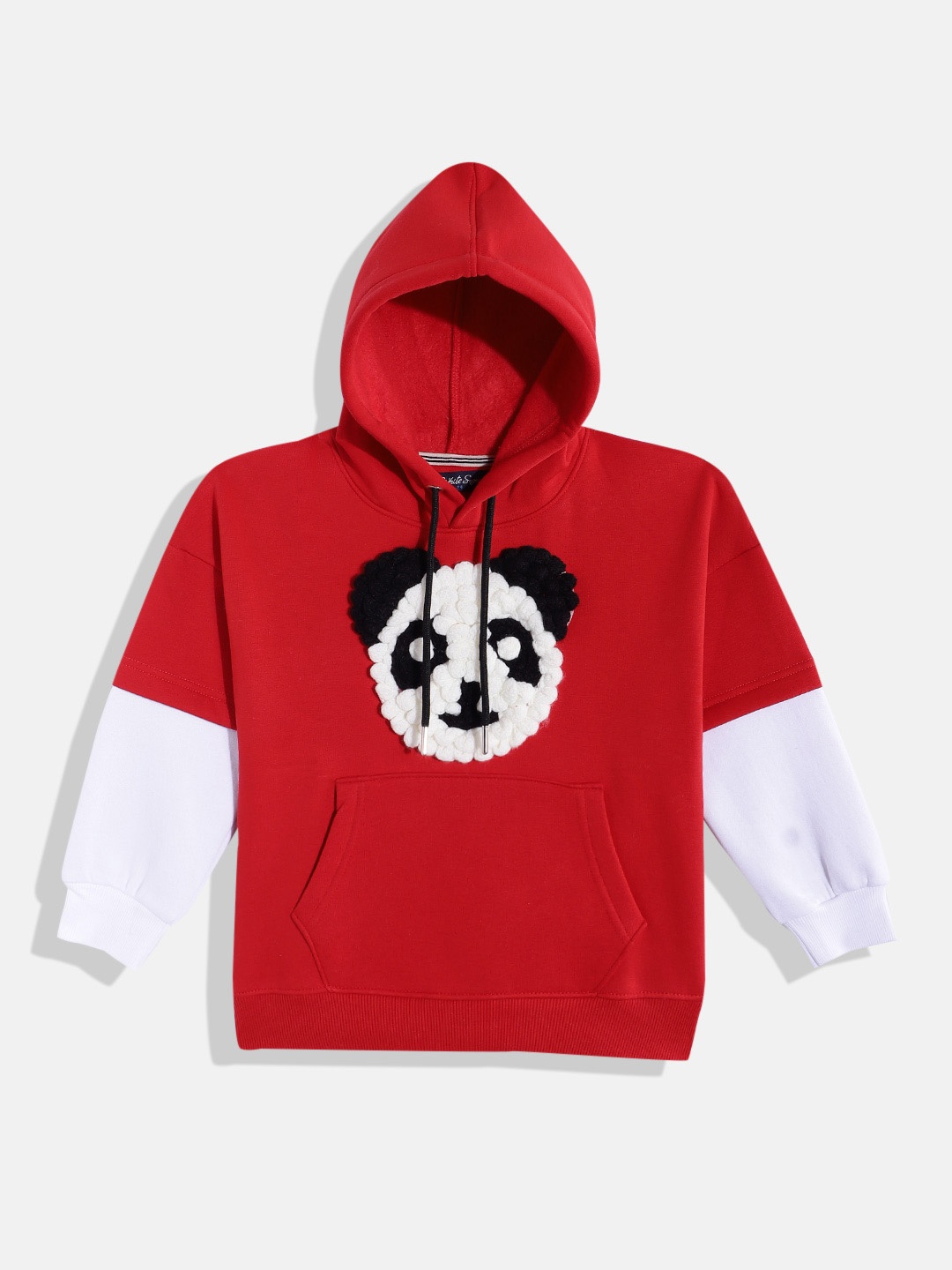 

White Snow Girls Panda Self-Design Hooded Sweatshirt, Red