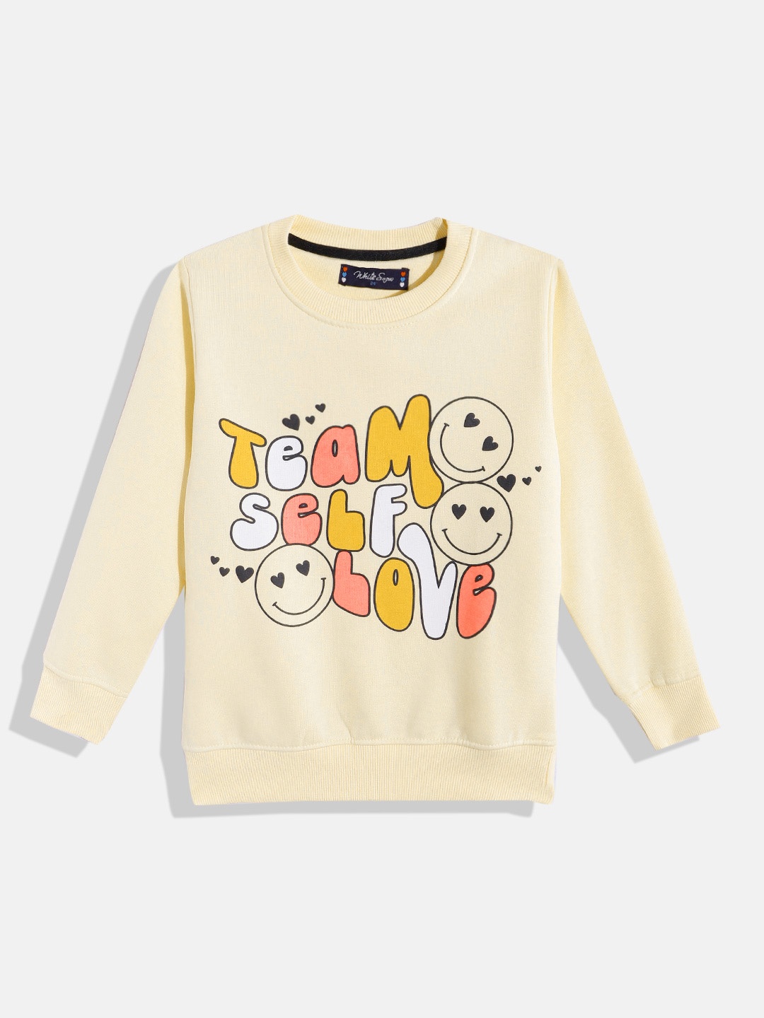 

White Snow Girls Typography Printed Sweatshirt, Yellow