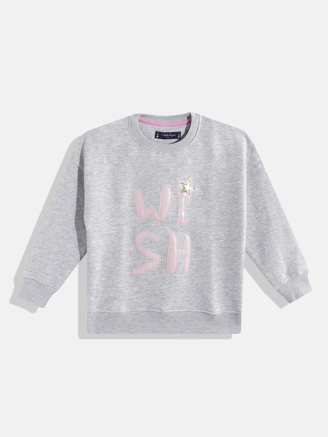 

White Snow Girls Typography Printed Sweatshirt with Applique Detail, Grey melange