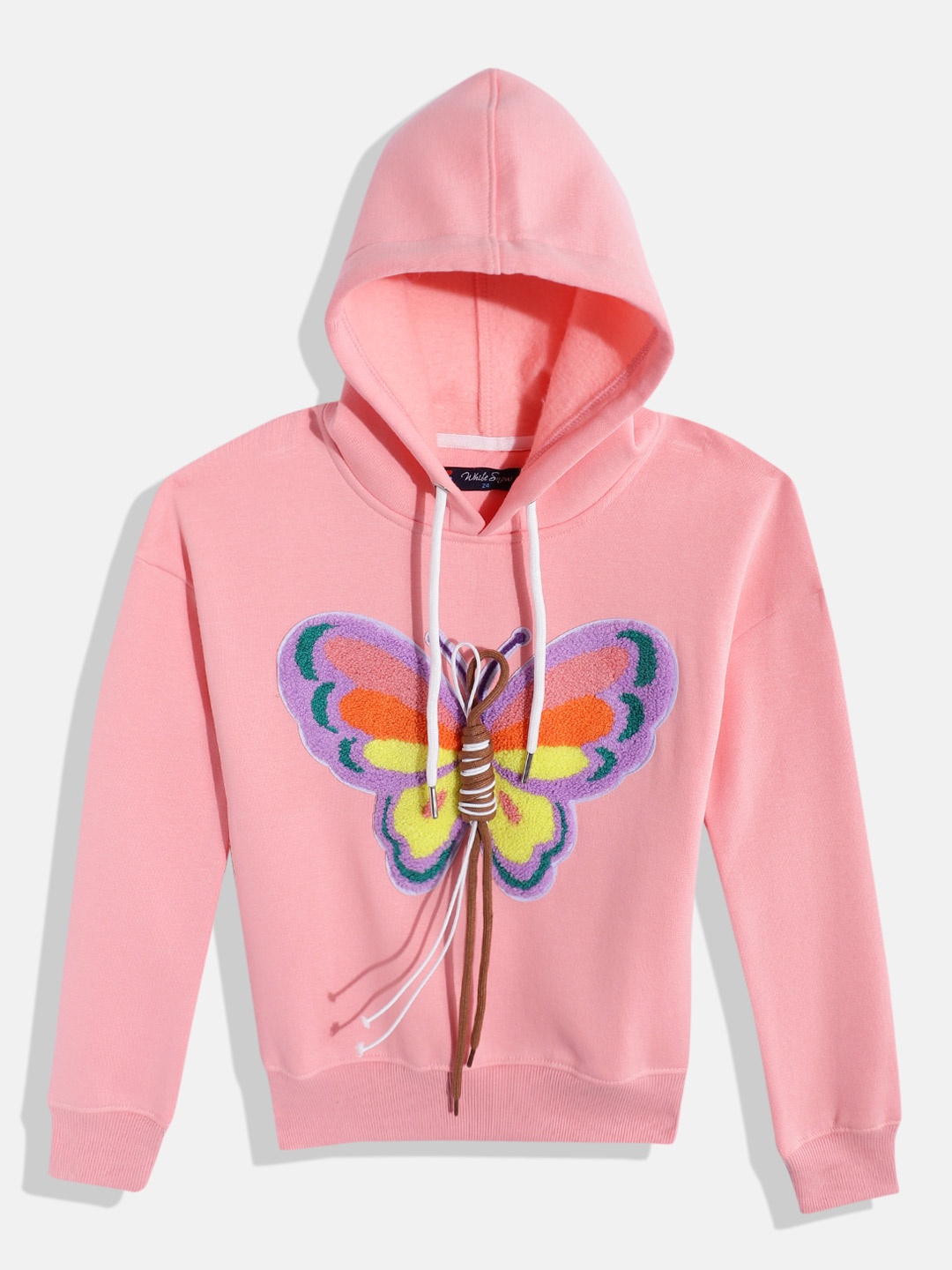 

White Snow Girls Self Design Hooded Sweatshirt with Applique Detail, Pink
