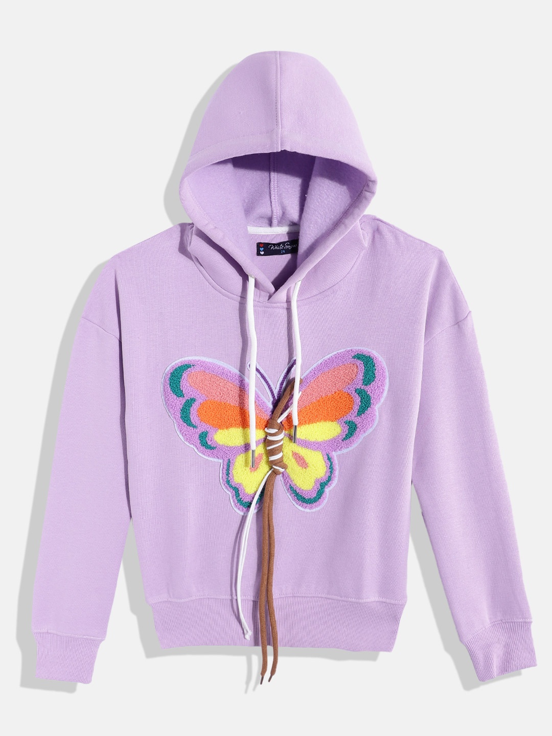 

White Snow Girls Self Design Hooded Sweatshirt with Applique Detail, Purple