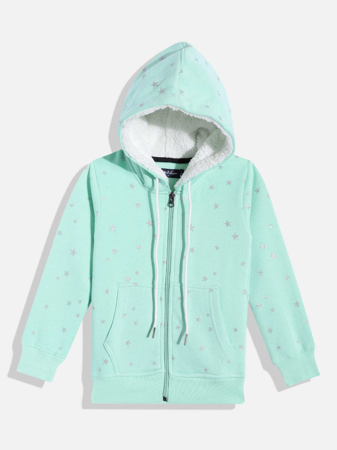

White Snow Girls Star Print Hooded Sweatshirt, Sea green
