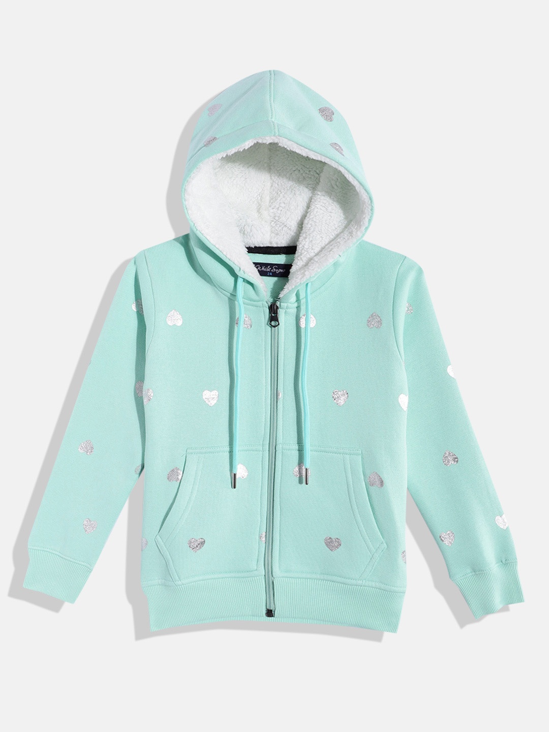 

White Snow Girls Printed Hooded Sweatshirt, Sea green