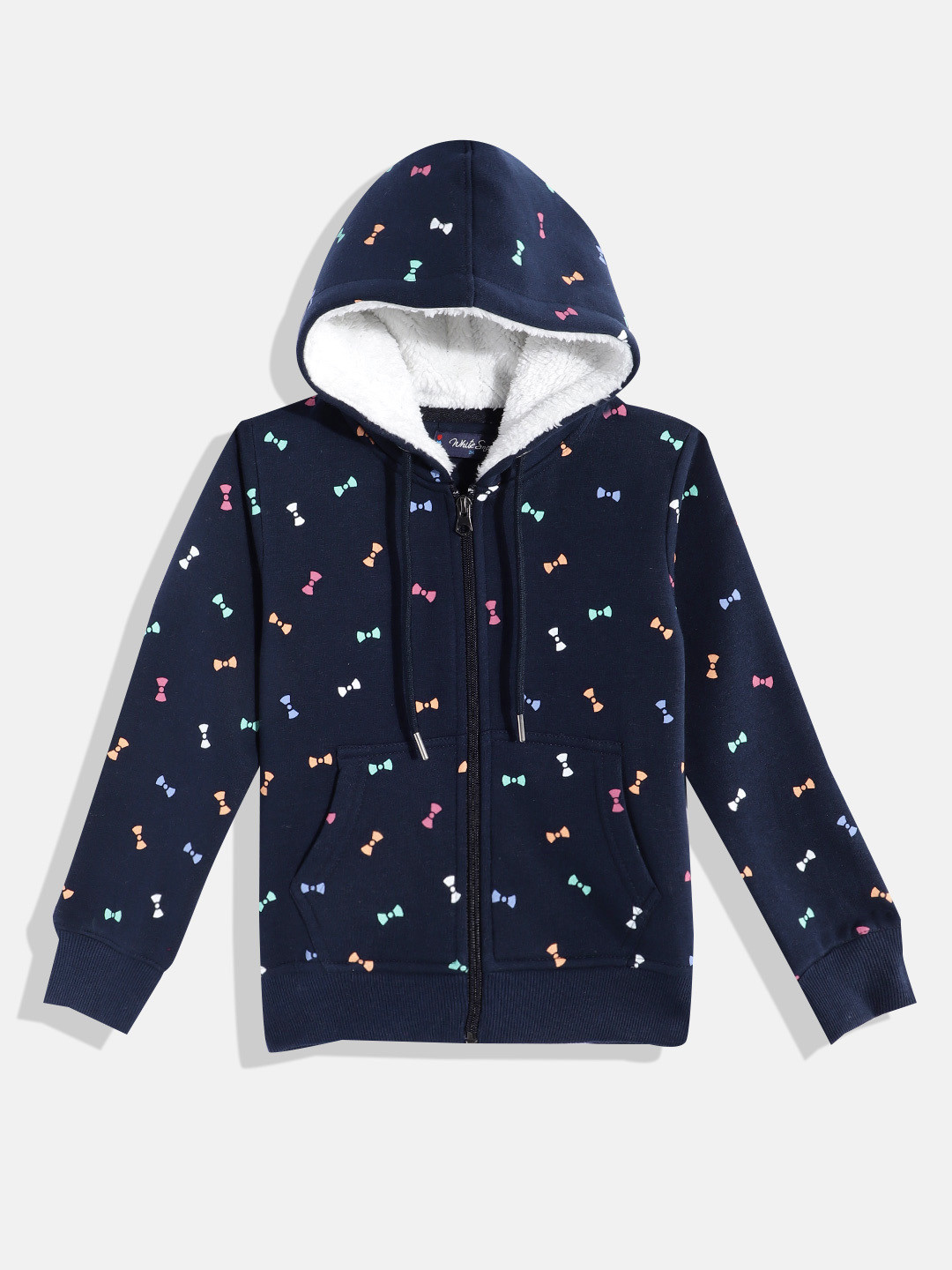 

White Snow Girls Printed Hooded Sweatshirt, Navy blue