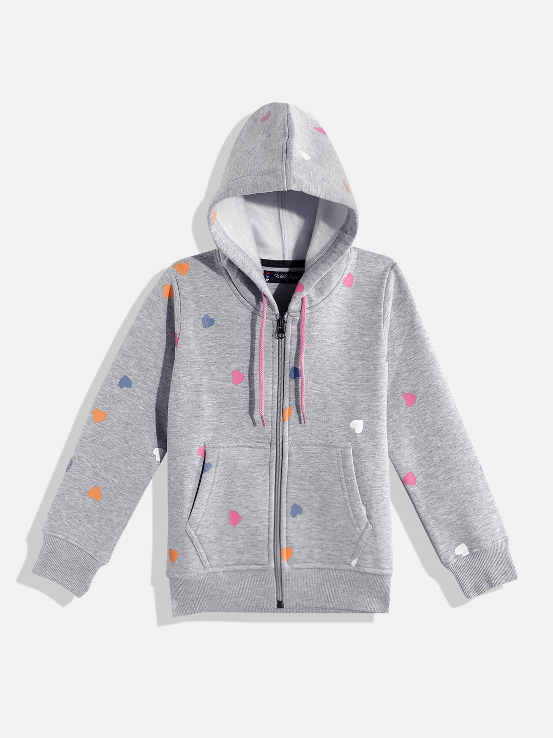 

White Snow Girls Conversational Printed Hooded Front-Open Sweatshirt, Grey melange