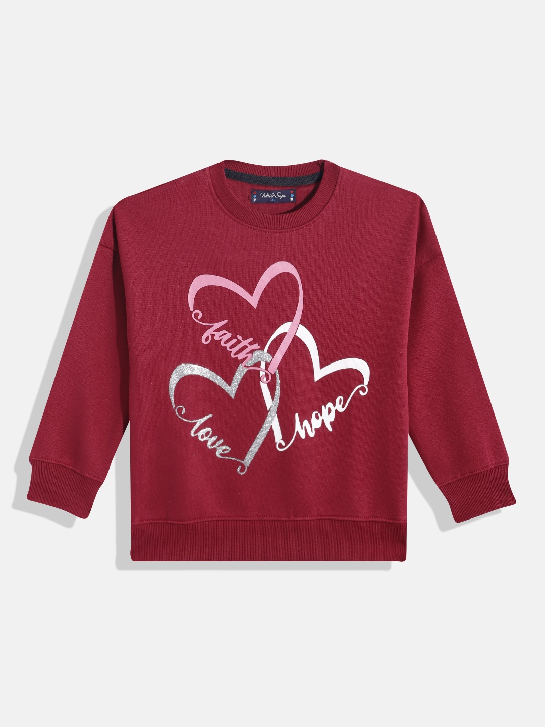 

White Snow Girls Heart Print Sweatshirt, Maroon