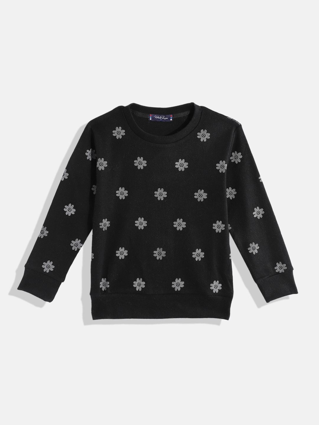 

White Snow Girls Floral Printed Sweatshirt, Black