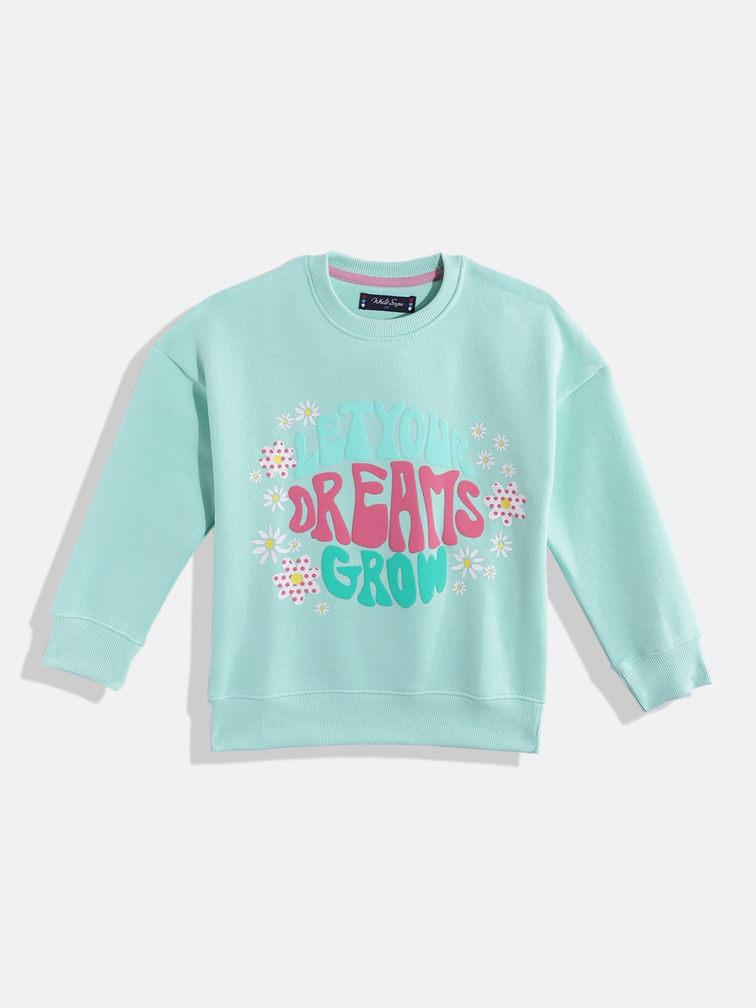 

White Snow Girls Typography Printed Sweatshirt, Sea green