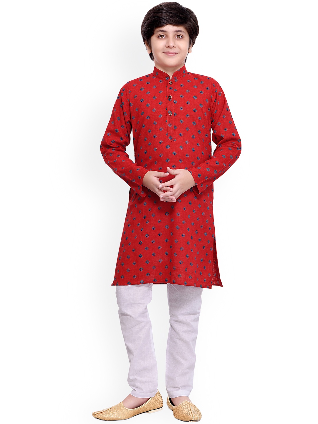 

BAESD Boys Geometric Printed Mandarin Collar Kurta with Pyjamas, Red