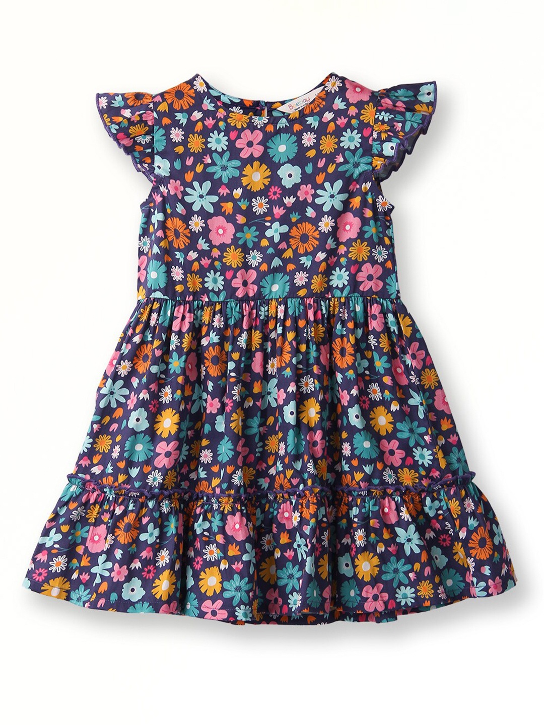 

Beebay Girls Floral Print Flutter Sleeves Gathered Detail Fit & Flare Dress, Navy blue