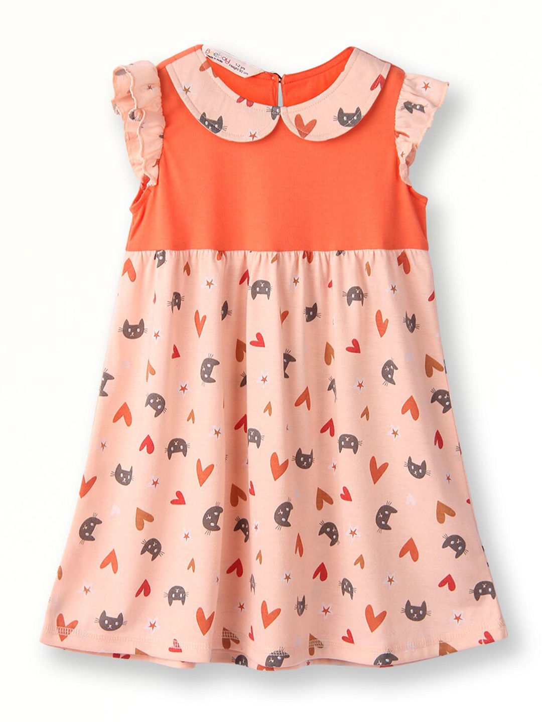 

Beebay Girls Conversational Printed Peter Pan Collar Flutter Sleeves A-Line Dress, Orange