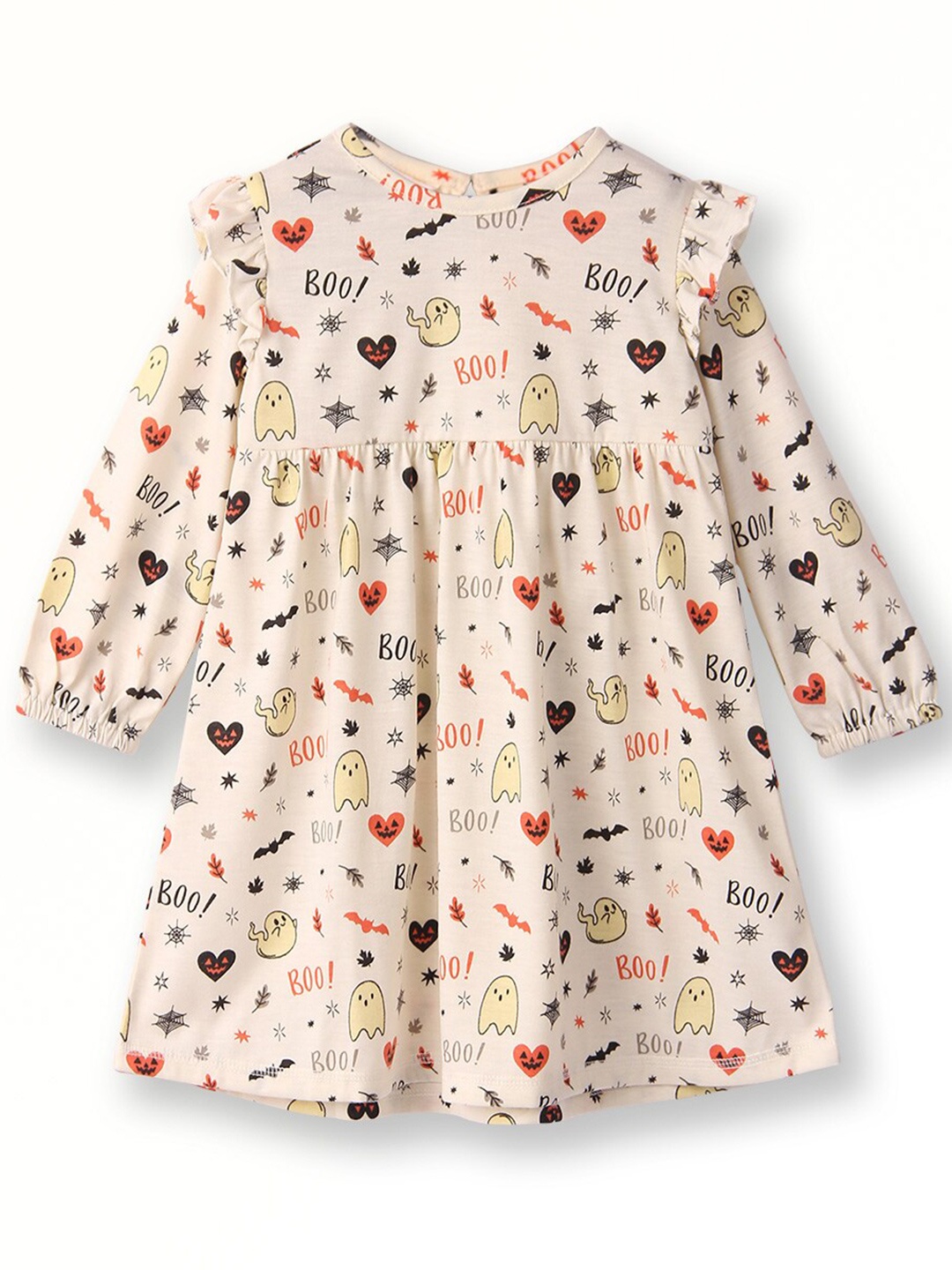 

Beebay Girls Conversational Printed Ruffled Fit & Flare Dress, Beige