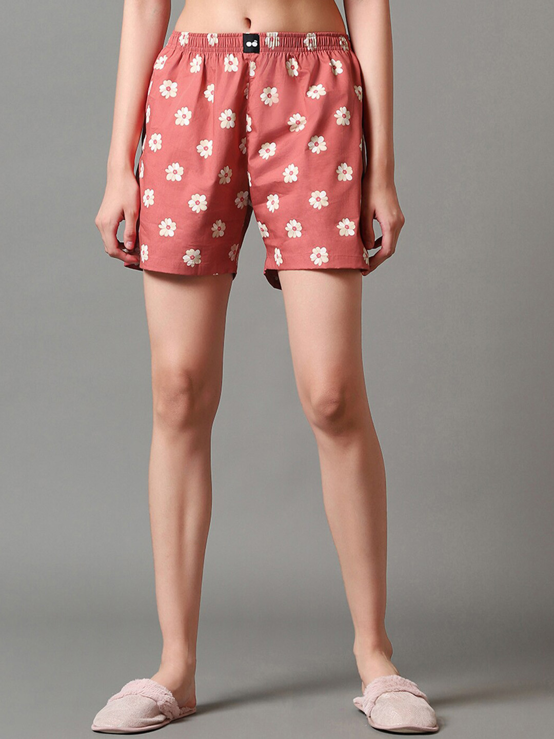 

Bewakoof Women Orange Mid Rise Floral Printed Cotton Lounge Shorts