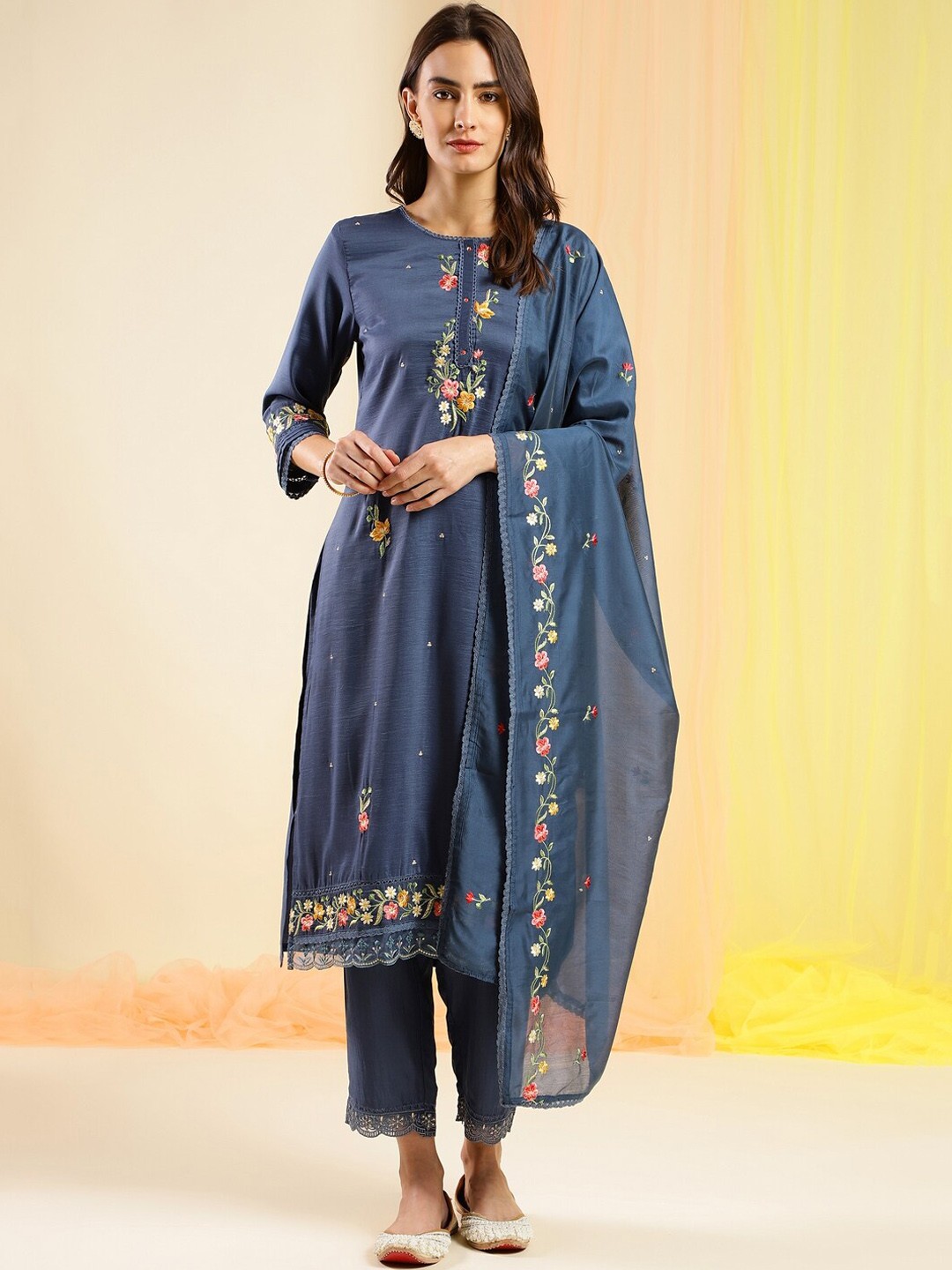 

Sangria Blue Embroidered Straight Kurta With Trouser & Dupatta Set