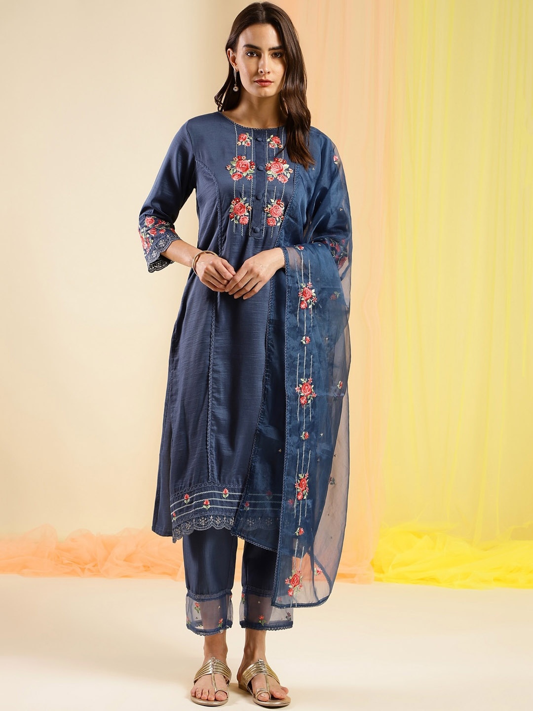

Sangria Floral Embroidered Straight Kurta With Trouser & Dupatta, Navy blue