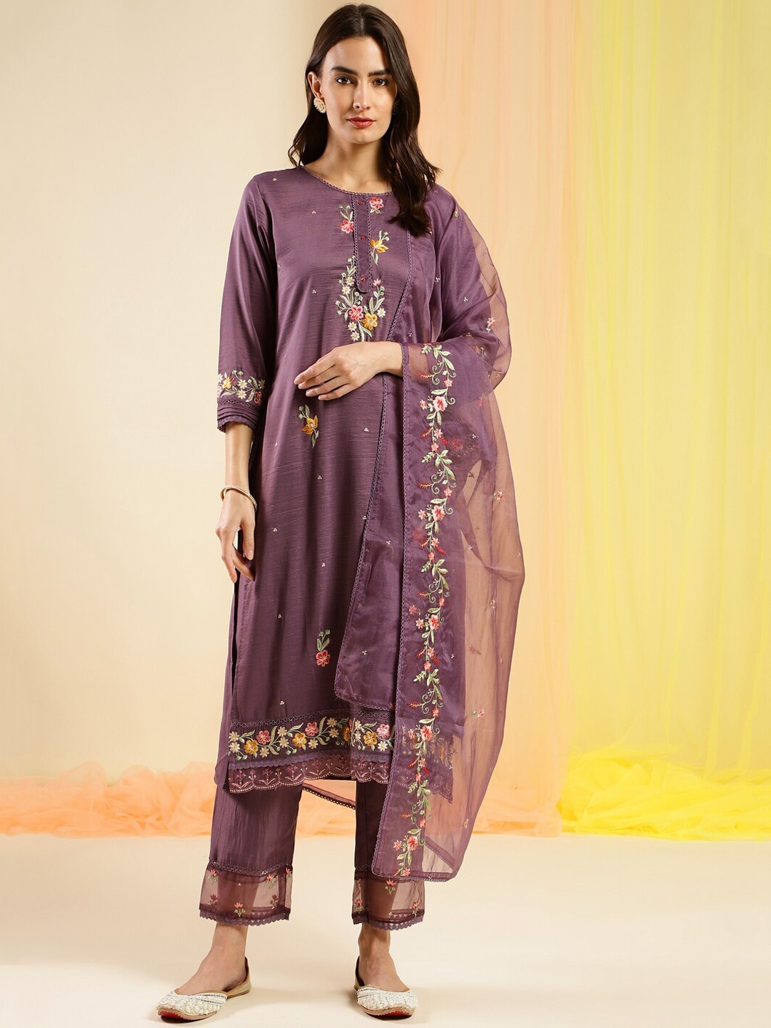 

Sangria Purple Floral Embroidered Straight Kurta With Trouser & Dupatta Set
