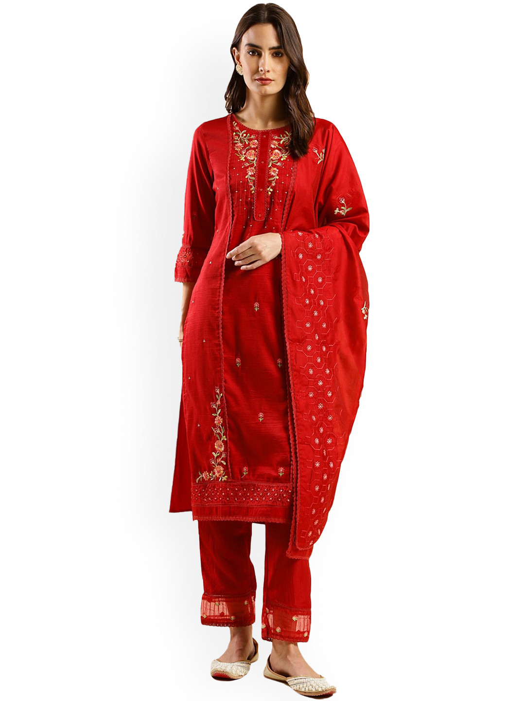 

Nimayaa Floral Embroidered Regular Thread Work Kurta With Trousers & Dupatta, Red