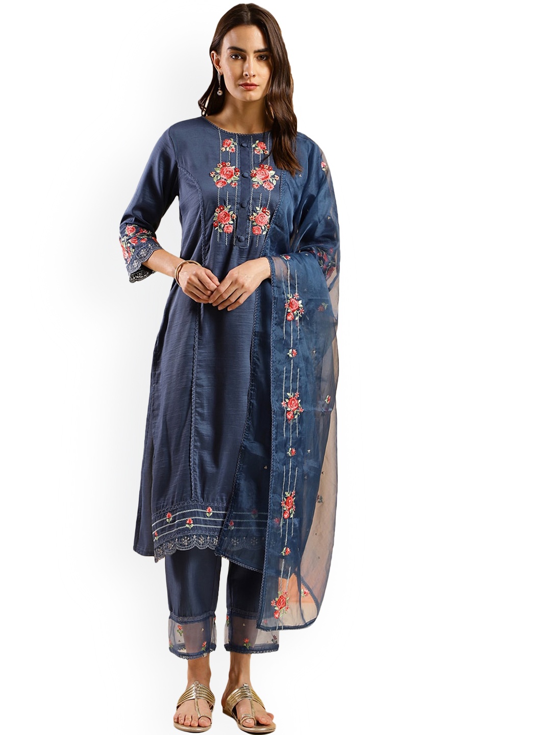 

Nimayaa Floral Embroidered Yoke & Border Straight Kurta & Trousers With Dupatta, Navy blue