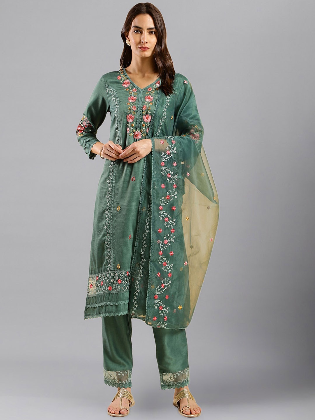 

HERE&NOW Green Floral Embroidered Regular Thread Work Kurta With Trousers & Dupatta