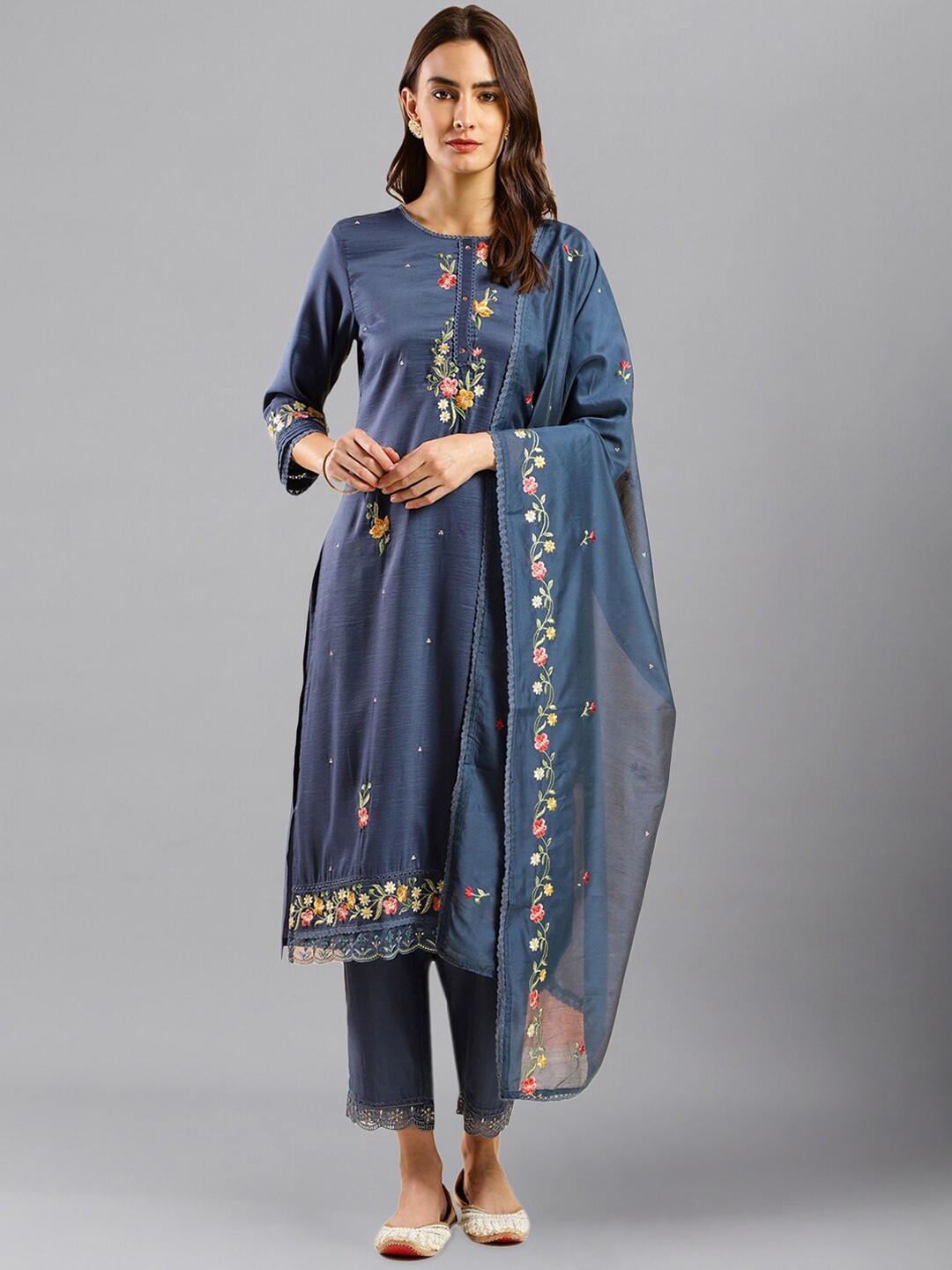 

HERE&NOW Blue Floral Embroidered Regular Thread Work Kurta With Trousers & Dupatta