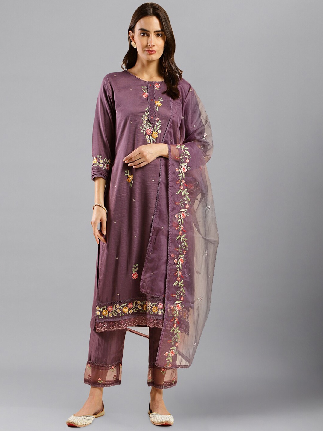 

HERE&NOW Purple Floral Embroidered Regular Thread Work Kurta With Trousers & Dupatta