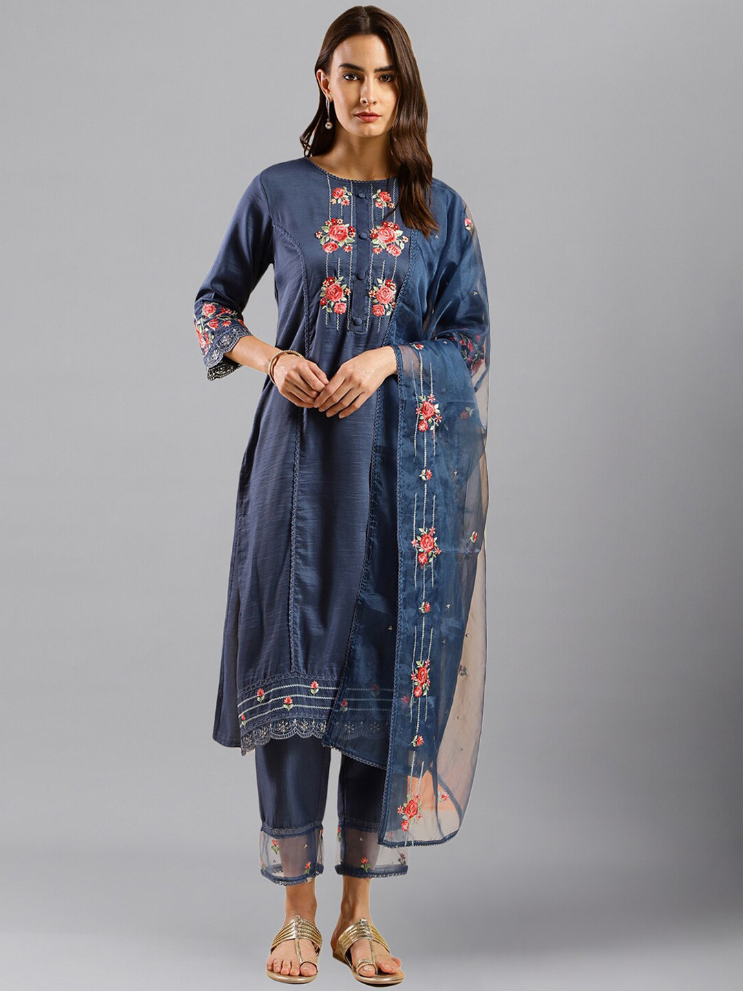 

HERE&NOW Navy Blue Floral Embroidered Regular Thread Work Kurta With Trousers & Dupatta