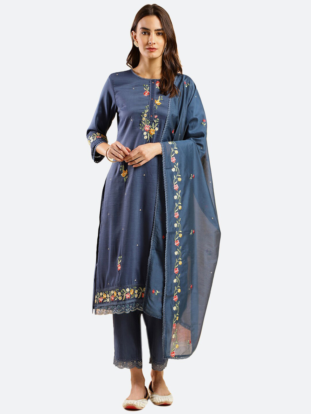 

KALINI Floral Embroidered Kurta & Trousers With Dupatta, Blue