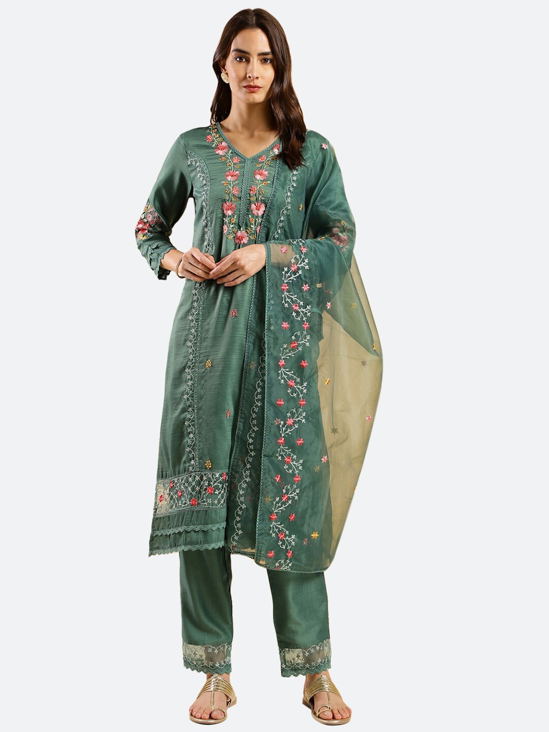 

KALINI Floral Embroidered Kurta & Trousers With Dupatta, Green