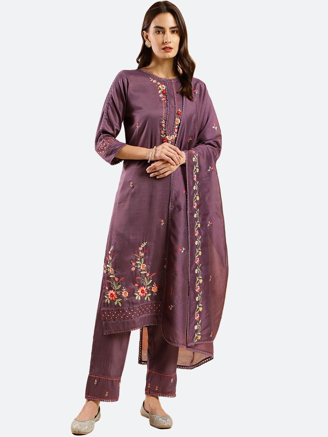 

KALINI Floral Embroidered Kurta & Trousers With Dupatta, Purple