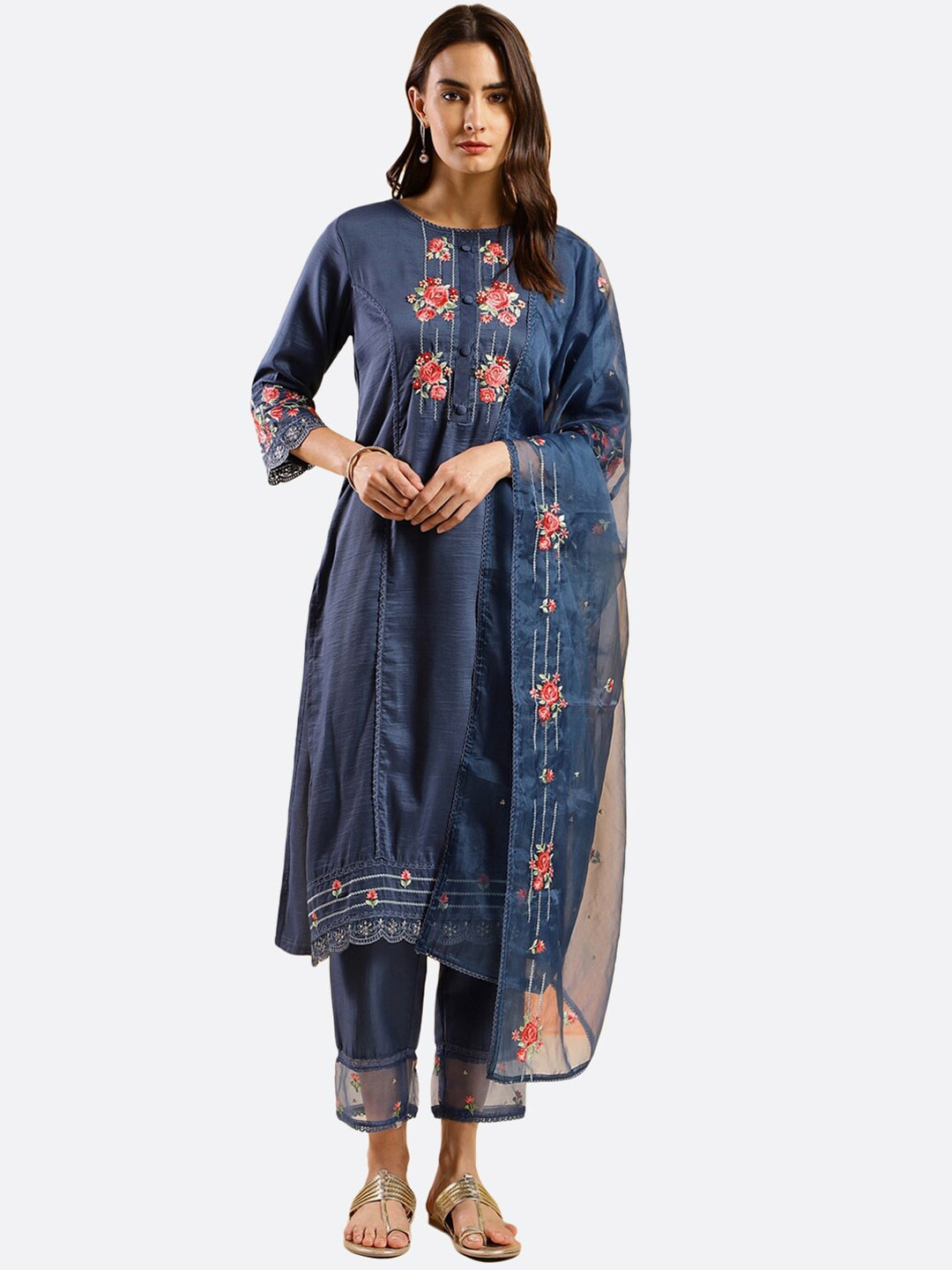 

KALINI Floral Embroidered Kurta & Trousers With Dupatta, Navy blue