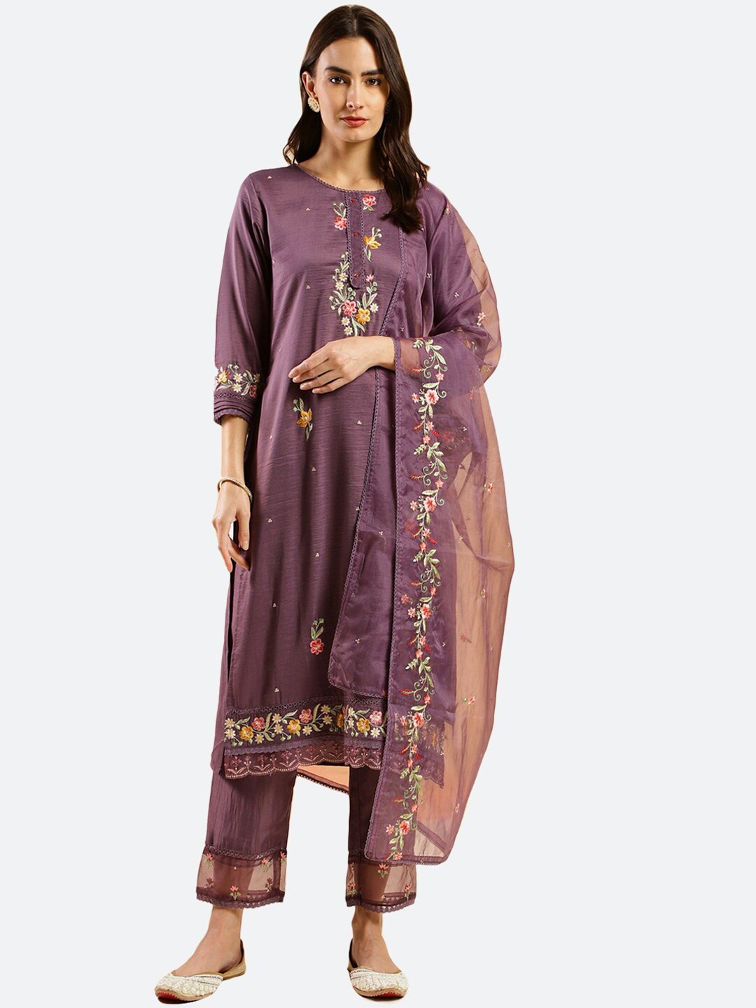 

KALINI Floral Embroidered Kurta & Trousers With Dupatta, Purple