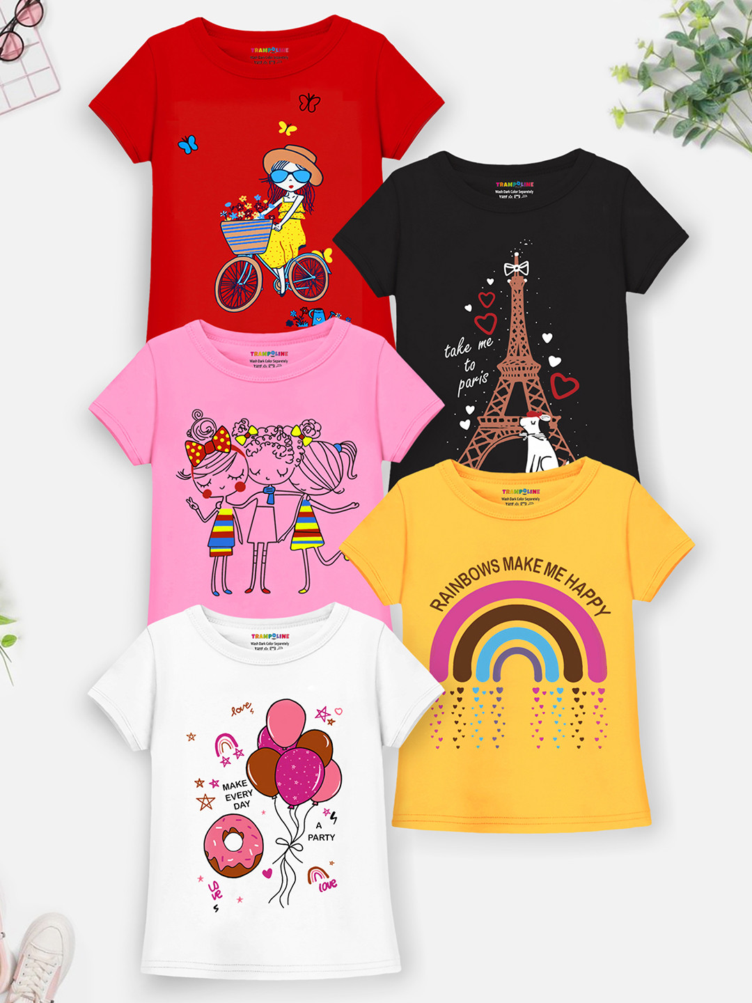 

Trampoline Girls Pack Of 5 Typography Printed T-shirt, Red