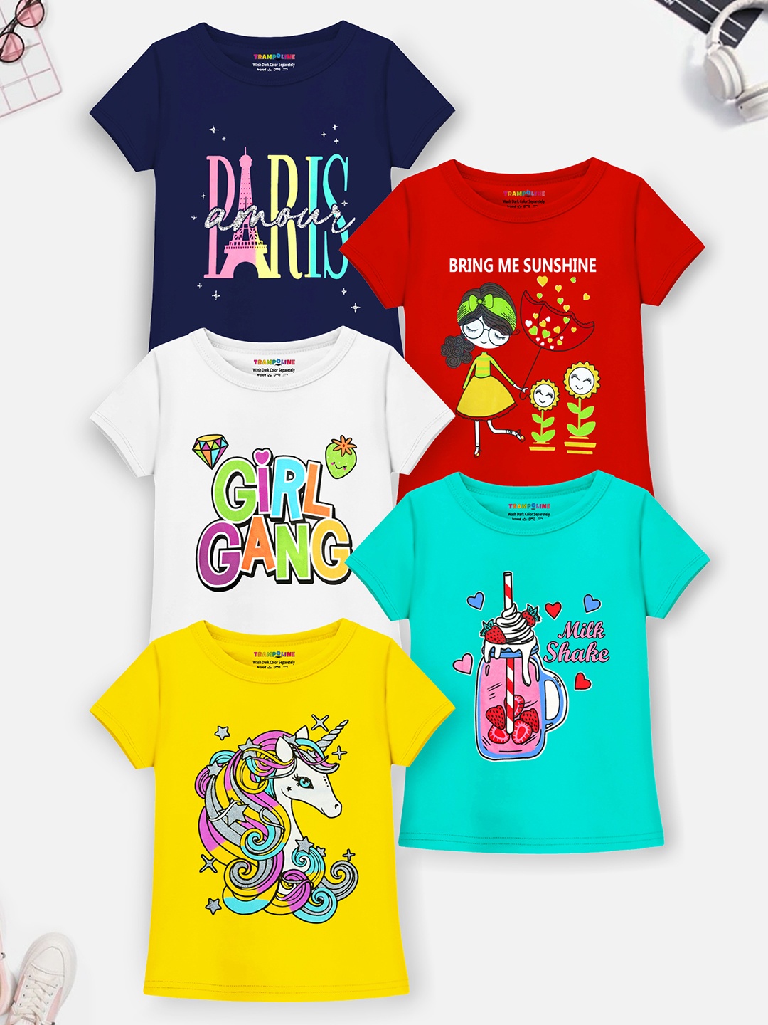

Trampoline Girls Pack Of 5 Graphic Printed Regular Fit T-shirt, Yellow