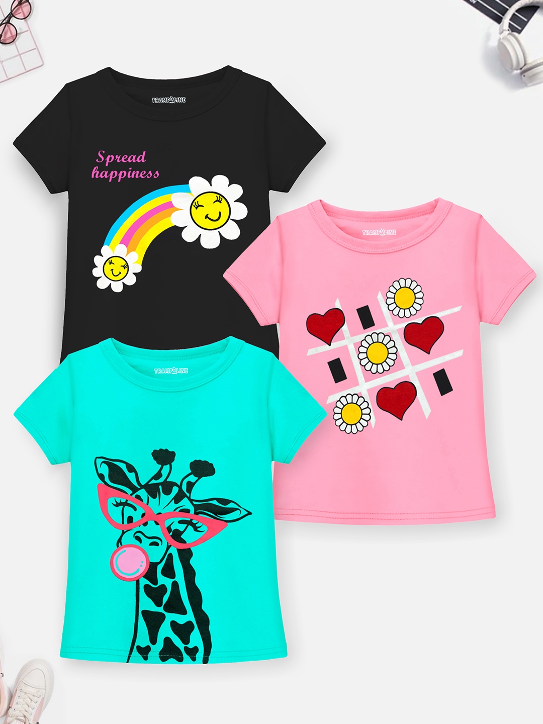 

Trampoline Girls Pack Of 3 Graphic Printed Casual T-shirts, Pink